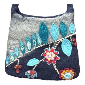 Nepal Handmade Felted Wool Tote Shoulder Bag Brown Gray Blue Flower Floral Purse